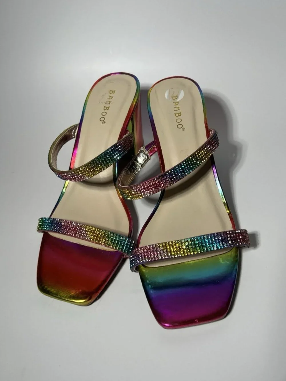 Bamboo Rainbow Metallic Rhinestone Mule Sandals Women’s 8 Block Heel